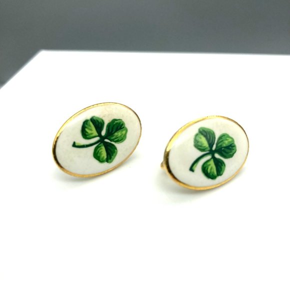 Vintage Green Clover Porcelain Earrings with Gold Leaf Gilding Luck of the Irish - Picture 2 of 5